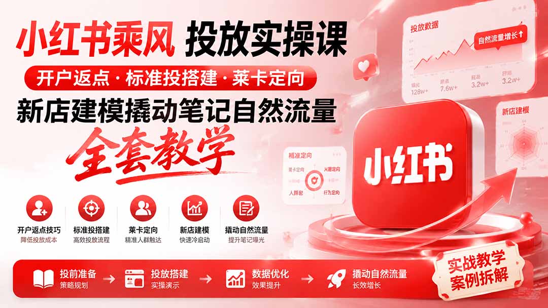 小红书乘风投放-100分钟实操课｜开户返点·标准投搭建·莱卡定向，新店建模撬动笔记自然流量全套教学-巅峰研习社