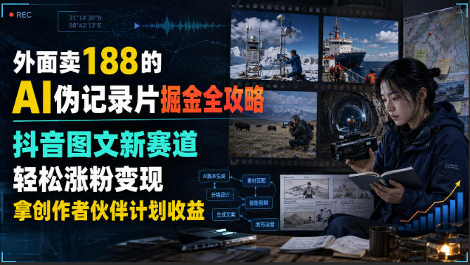 外面卖188的AI伪记录片掘金全攻略,抖音图文新赛道,轻松涨粉变现,拿创作者伙伴计划收益【文档】-巅峰研习社