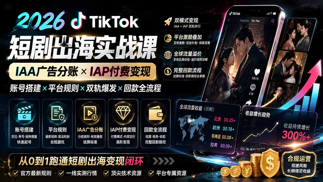 2026TikTok短剧出海实战课:IAA广告分账×IAP付费变现×账号搭建×平台规则×双轨爆发×回款全流程-巅峰研习社