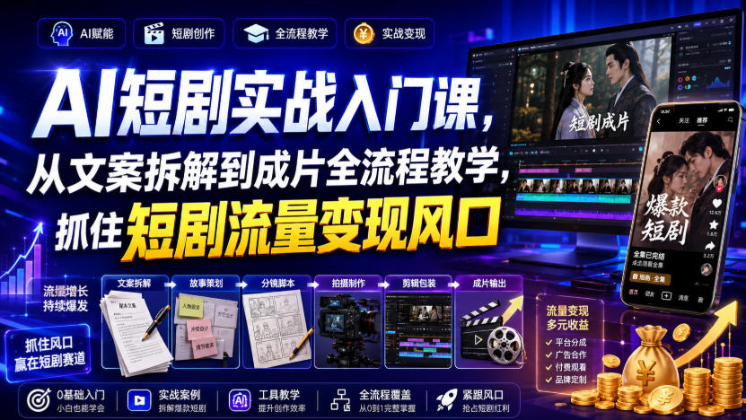 AI短剧实战入门课,从文案拆解到成片全流程教学,抓住短剧流量变现风口-巅峰研习社