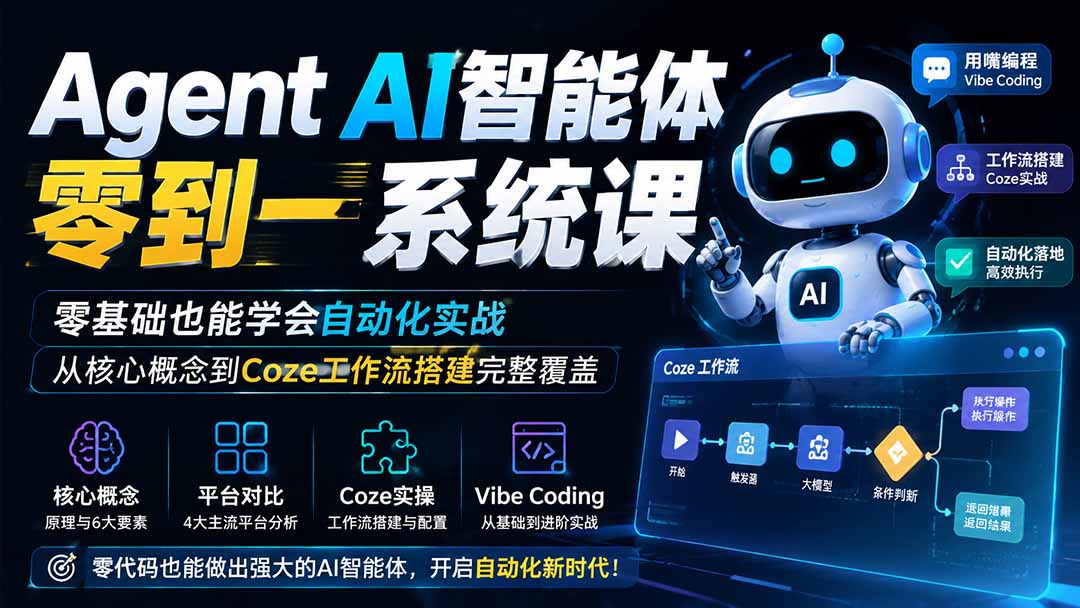 Agent AI智能体零到一系统课;零基础也能学会自动化实战,从核心概念到Coze工作流搭建完整覆盖-巅峰研习社