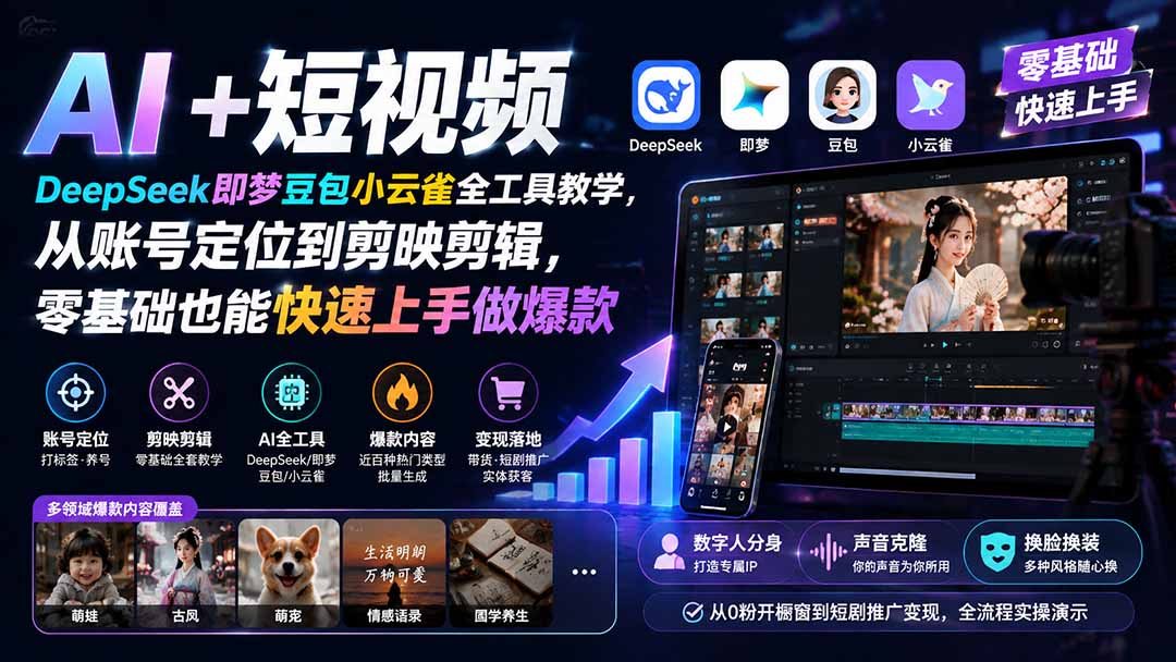 AI+短视频|DeepSeek即梦豆包小云雀全工具教学,从账号定位到剪映剪辑,零基础也能快速上手做爆款-巅峰研习社