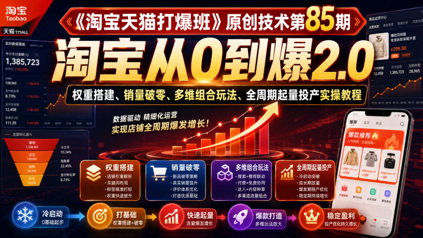 《淘宝天猫打爆班》原创技术第85期,淘宝从0到爆2.0,权重搭建、销量破零、多维组合玩法、全周期起量投产实操教程-巅峰研习社