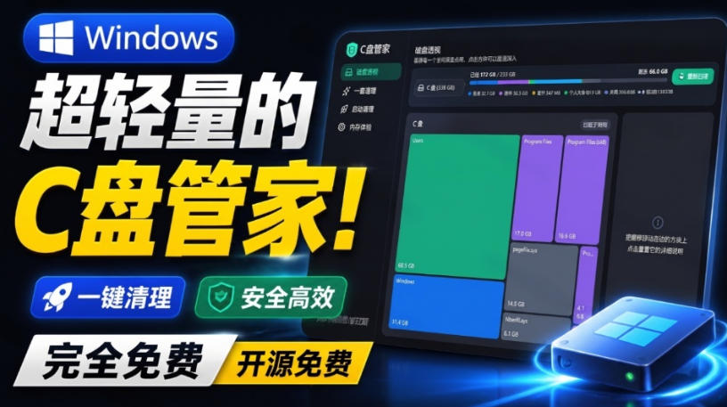 Windows超轻量的C盘管家!超级有特点,支持磁盘分析及清理提醒,2M大小体积,完全免费C盘管家-巅峰研习社