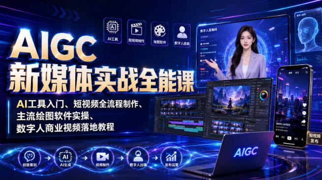 AIGC新媒体实战全能课｜AI工具入门、短视频全流程制作、主流绘图软件实操、数字人商业视频落地教程-巅峰研习社