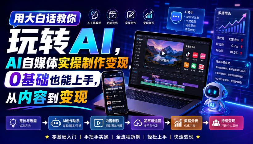 用大白话教你玩转AI,AI自媒体实操制作变现,0基础也能上手,从内容到变现-巅峰研习社