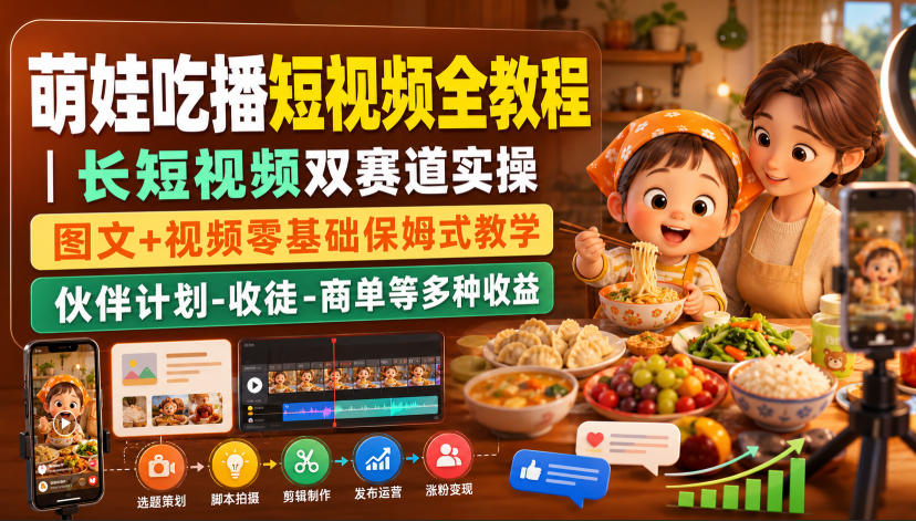 萌娃吃播短视频全教程|长短视频双赛道实操,图文+视频零基础保姆式教学,伙伴计划-收徒-商单等多种变现方式-巅峰研习社