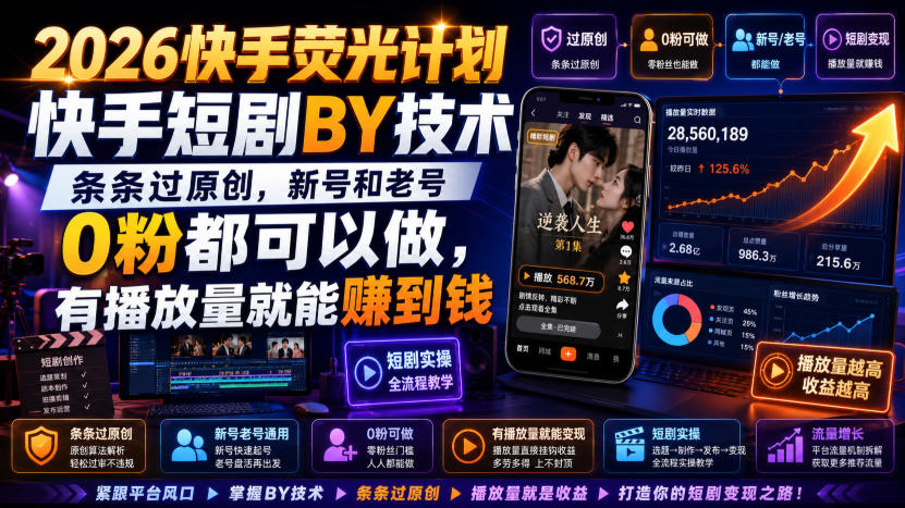 2026快手荧光计划,快手短剧搬运技术,条条过原创,新号和老号0粉都可以做,有播放量就能賺到钱-巅峰研习社
