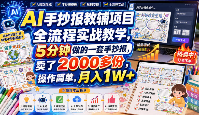 AI手抄报教辅项目全流程实战教学,5分钟做的一套手抄报,卖了2000多份,操作简单,月入1W+-巅峰研习社