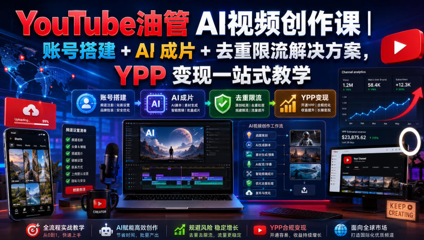 YouTube油管AI视频创作课|账号搭建+AI成片+去重限流解决方案,YPP变现一站式教学(更新0809)-巅峰研习社