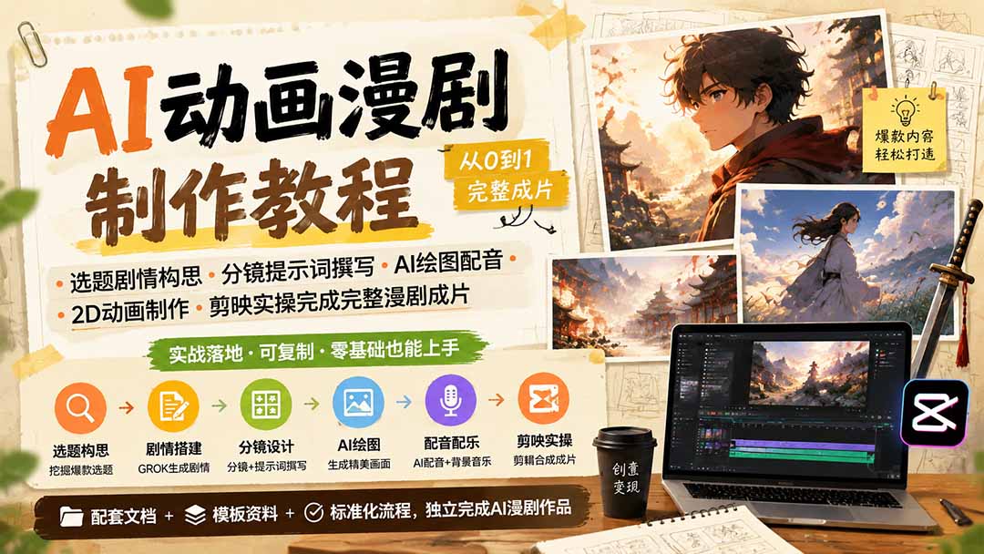 AI动画漫剧制作教程|选题剧情构思·分镜提示词撰写·AI绘图配音·2D动画制作·剪映实操完成完整漫剧成片-巅峰研习社