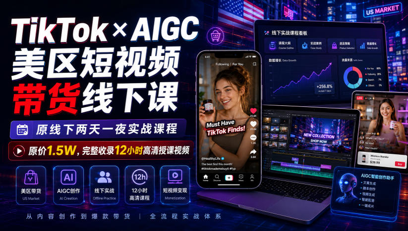 TikTok×AIGC美区短视频带货线下课,原线下两天一夜实战课程,原价1.5W,完整收录12小时高清授课视频-巅峰研习社