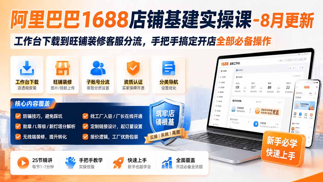 阿里巴巴1688店铺基建实操课-8月更新;工作台下载到旺铺装修客服分流,手把手搞定开店全部必备操作-巅峰研习社