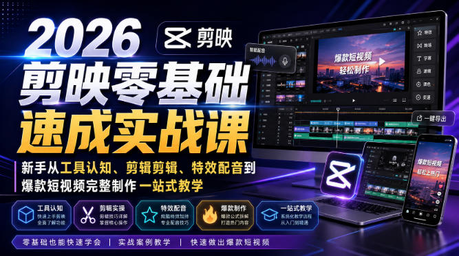 2026剪映零基础速成实战课|新手从工具认知、剪辑剪辑、特效配音到爆款短视频完整制作一站式教学-巅峰研习社