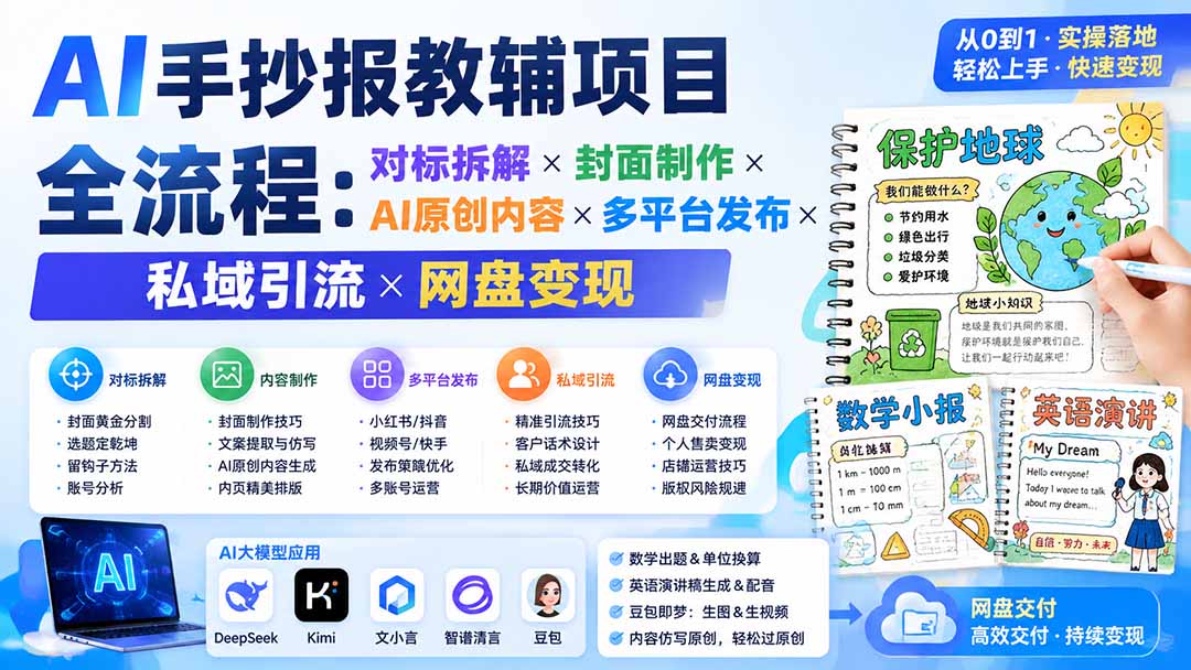 AI手抄报教辅项目全流程:对标拆解×封面制作×AI原创内容×多平台发布×私域引流×网盘变现-巅峰研习社