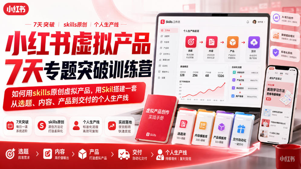 小红书虚拟产品7天专题突破训练营,如何用skills原创虚拟产品,用Skil搭建一套从选题、内容、产品到交付的个人生产线-巅峰研习社