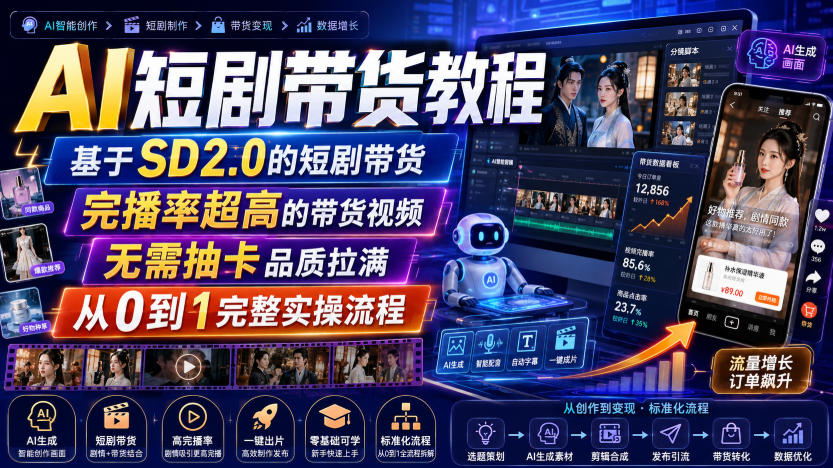 AI短剧带货教程,基于SD2.0的短剧带货,完播率超高的带货视频,无需抽卡品质拉满,从0到1完整实操流程-巅峰研习社