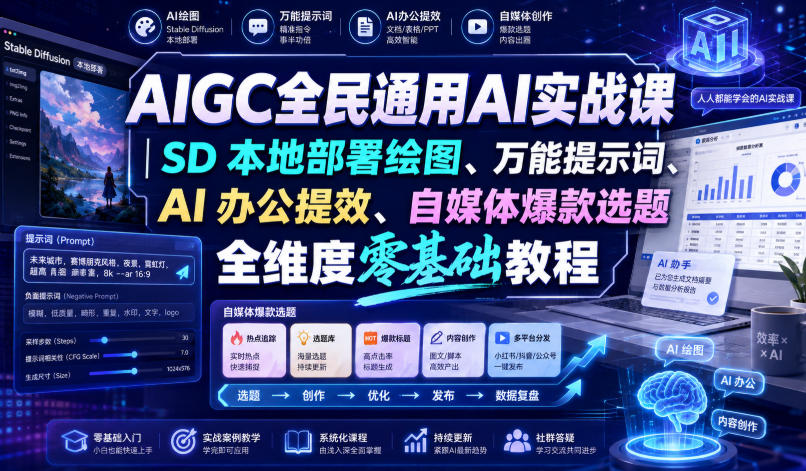 AIGC全民通用AI实战课|SD本地部署绘图、万能提示词、AI办公提效、自媒体爆款选题全维度零基础教程-巅峰研习社