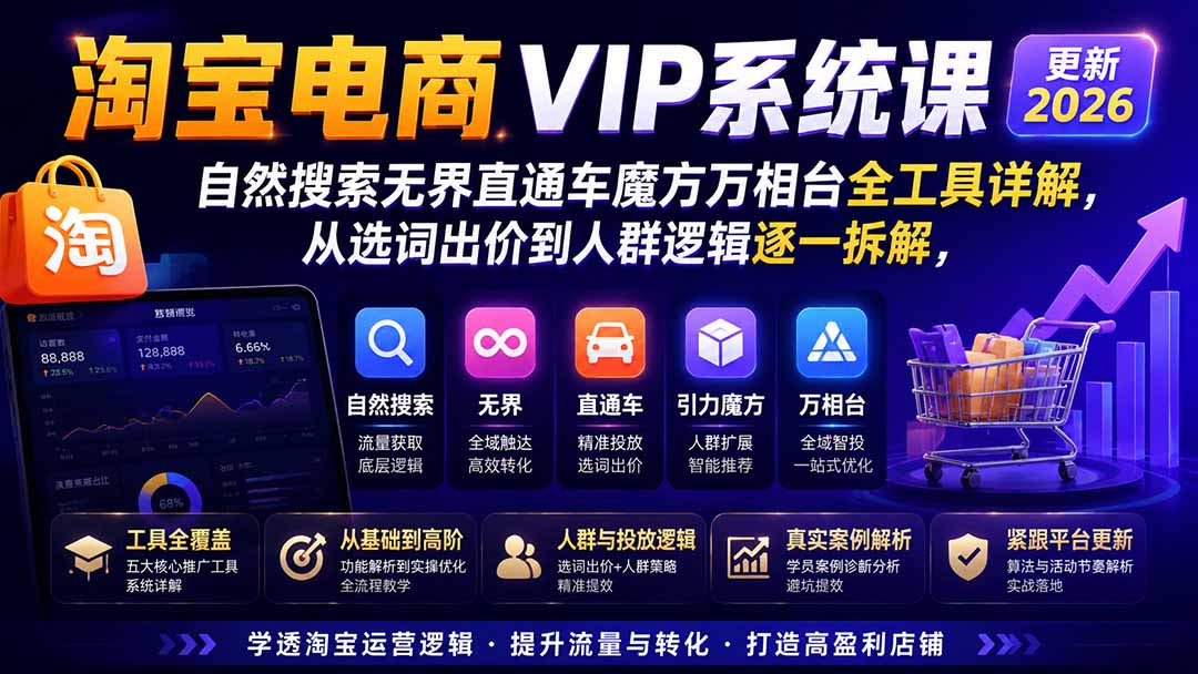 图片[1]-淘宝电商VIP系统课-更新8月；自然搜索无界直通车魔方万相台全工具详解，从选词出价到人群逻辑逐一拆解-巅峰研习社