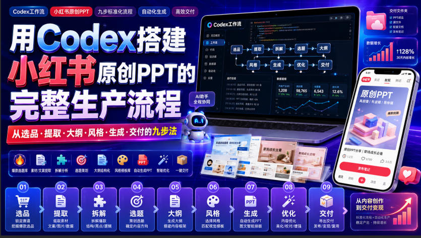 用Codex搭建小红书原创PPT的完整生产流程,从选品·提取·大纲·风格·生成·交付的九步法-巅峰研习社