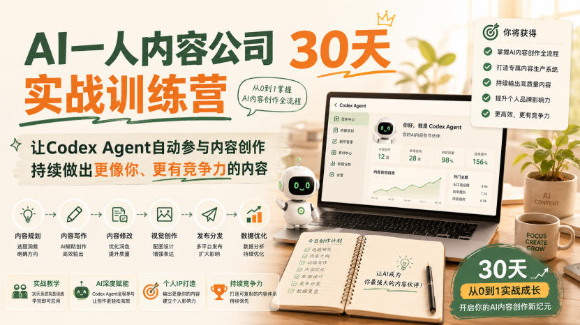 AI一人内容公司30天实战训练营,让Codex Agent自动参与内容创作持续做出更像你、更有竞争力的内容-巅峰研习社