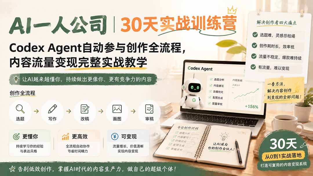 AI一人公司|30天实战训练营;Codex Agent自动参与创作全流程,内容流量变现完整实战教学-巅峰研习社