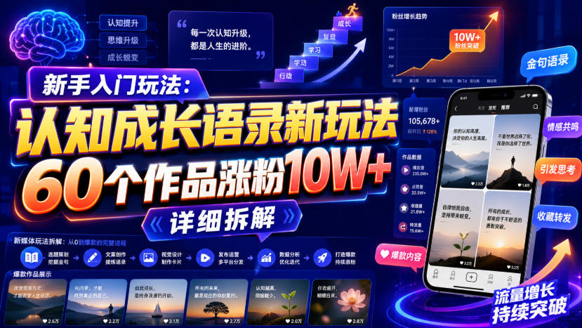 新手入门玩法：认知成长语录新玩法，60个作品涨粉10W+，详细拆解-巅峰研习社