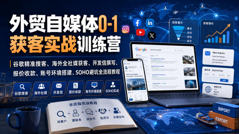 外贸自媒体0-1获客实战训练营|谷歌精准搜客、海外全社媒获客、开发信撰写、报价收款、账号环境搭建、SOHO避坑全流程教程-巅峰研习社