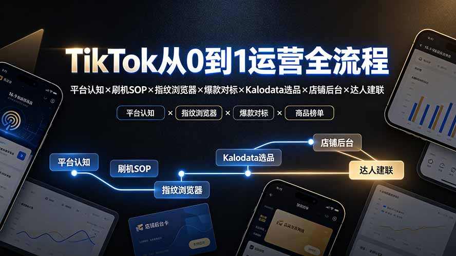 TikTok从0到1运营全流程-更新：平台认知×刷机SOP×指纹浏览器×爆款对标×Kalodata选品×店铺后台×达人建联-巅峰研习社