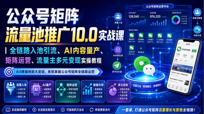 公众号矩阵流量池推广10.0实战课|全链路入池引流、AI内容量产、矩阵运营、流量主多元变现实操教程-巅峰研习社