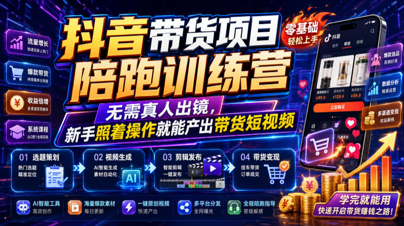 抖音带货项目陪跑训练营,无需真人出镜,新手照着操作就能产出带货短视频(更新0811)-巅峰研习社