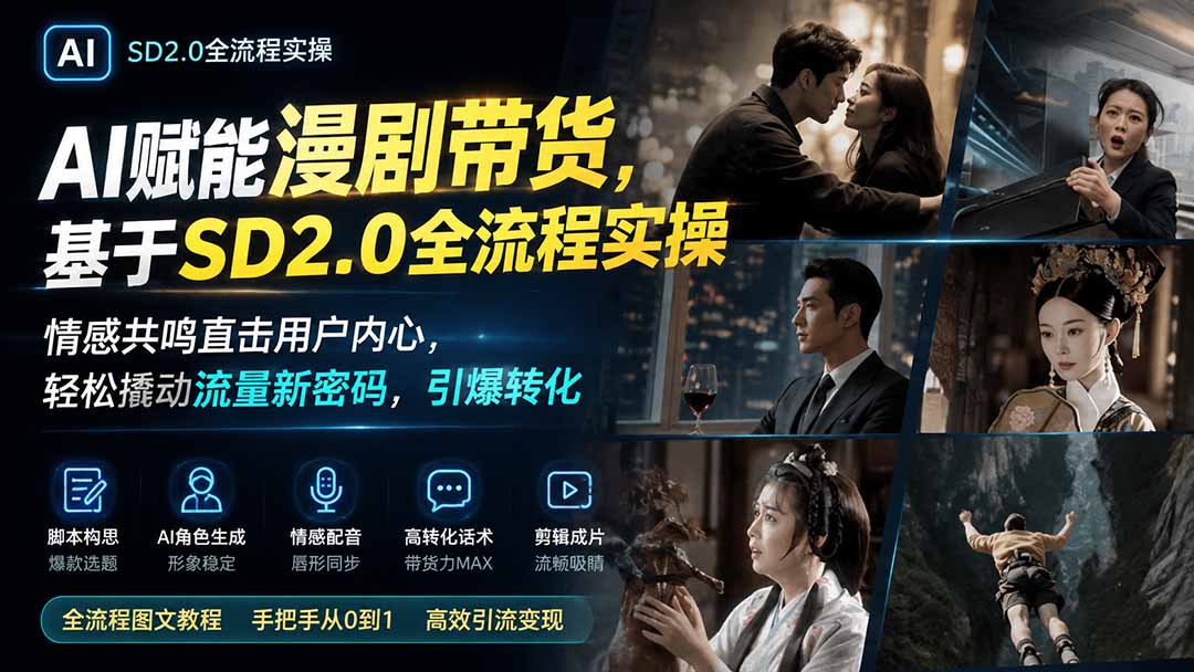 AI赋能漫剧带货，基于SD2.0全流程实操；情感共鸣直击用户内心，轻松撬动流量新密码，引爆转化-巅峰研习社