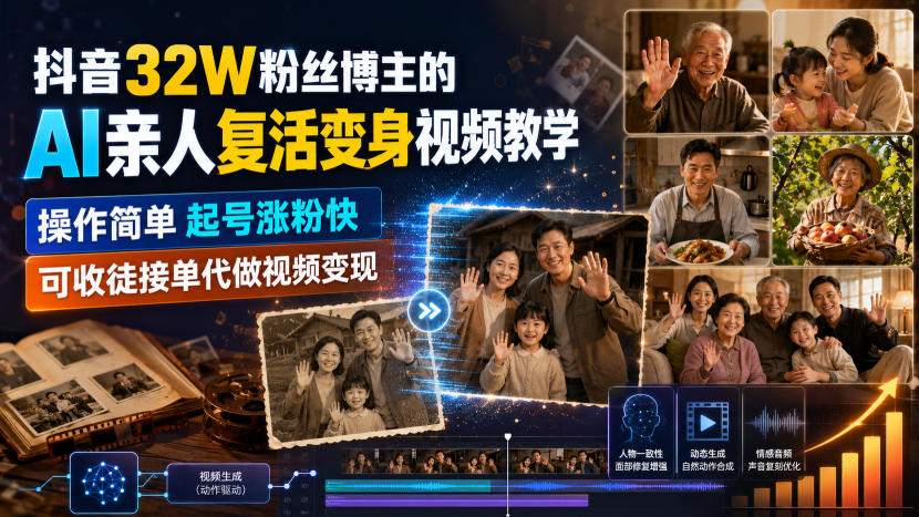 抖音32W粉丝博主的AI亲人复活变身视频教学,操作简单,起号涨粉快,可收徒接单代做视频变现-巅峰研习社