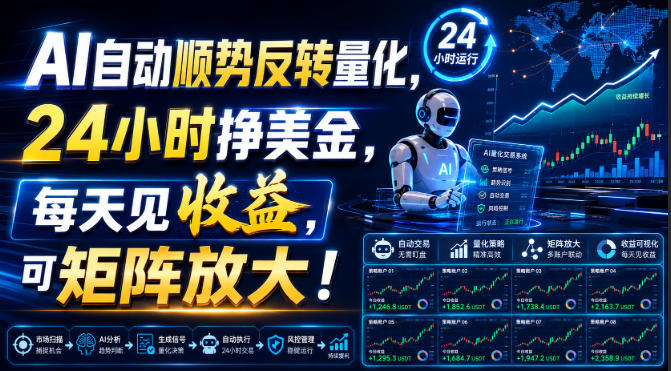 AI自动顺势反转量化,24小时挣美金,每天见收益,可矩阵放大!【揭秘】-巅峰研习社