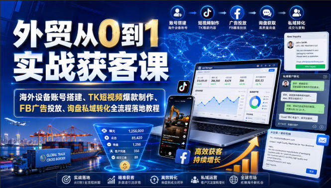 外贸从0到1实战获客课|海外设备账号搭建、TK短视频爆款制作、FB广告投放、询盘私域转化全流程落地教程-巅峰研习社
