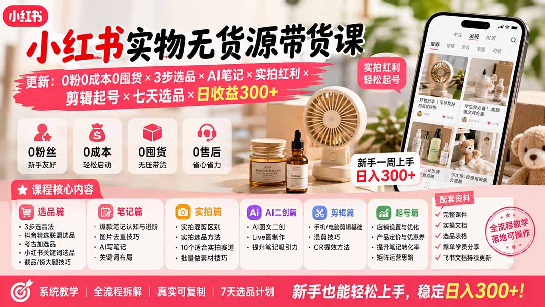 小红书实物无货源带货课-更新:0粉0成本0囤货×3步选品×AI笔记×实拍红利×剪辑起号×七天选品×日收益300+-巅峰研习社