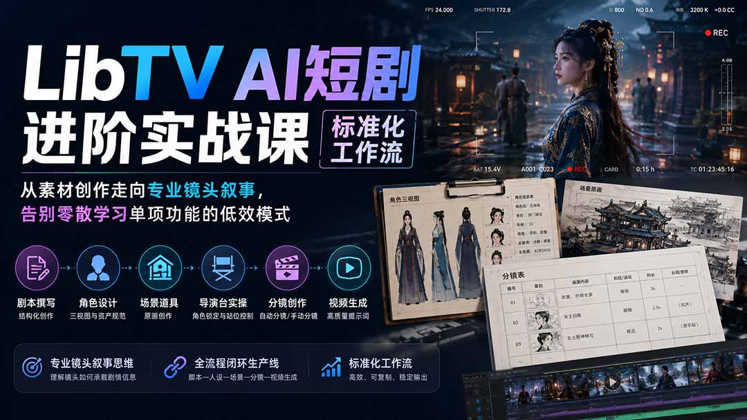 LibTV AI短剧进阶实操课标准化工作流;从素材创作走向专业镜头叙事,告别零散学习单项功能的低效模式-巅峰研习社