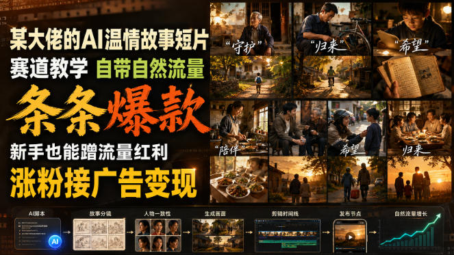 某大佬的AI温情故事短片赛道教学,自带自然流量,条条爆款,新手也能蹭流量红利,涨粉接广告变现-巅峰研习社