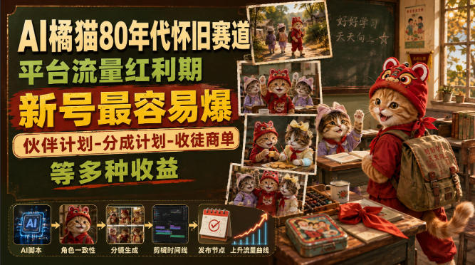 AI橘猫80年代怀旧赛道,平台流量红利期,新号最容易爆,伙伴计划-分成计划-收徒商单等多种收益-巅峰研习社