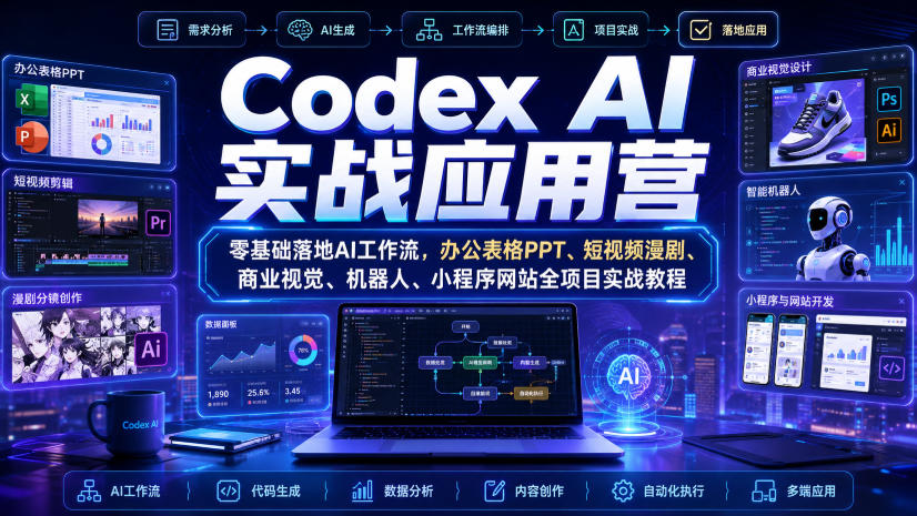 Codex AI实战应用营|零基础落地AI工作流,办公表格PPT、短视频漫剧、商业视觉、机器人、小程序网站全项目实战教程-巅峰研习社