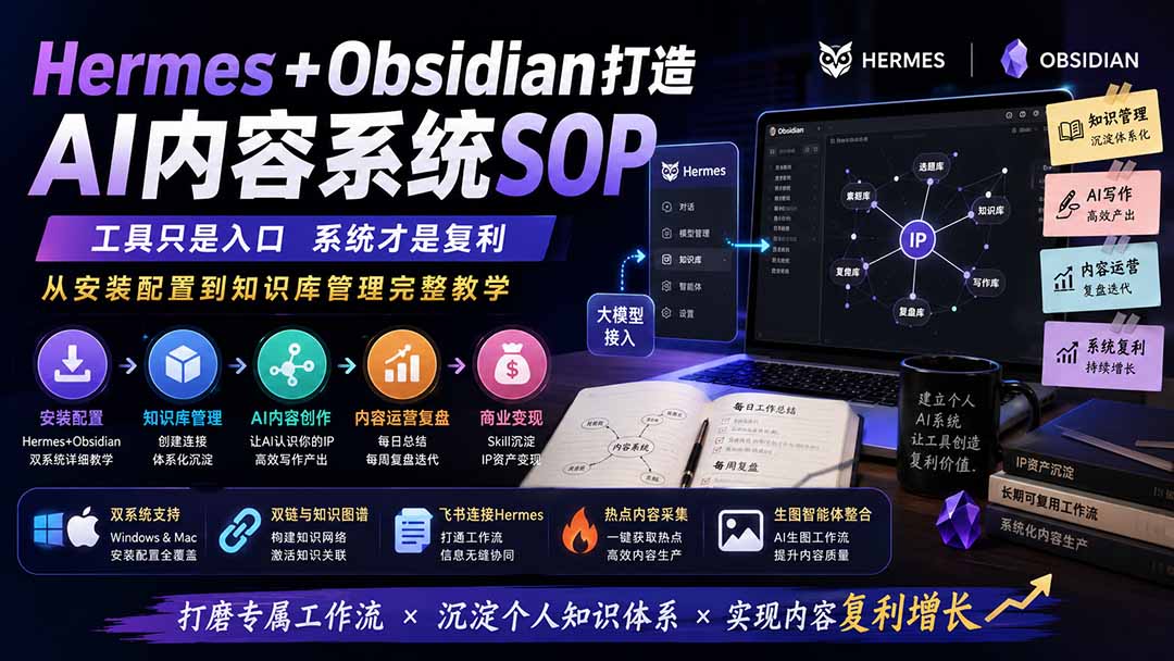 Hermes+Obsidian打造AI内容系统SOP;工具只是入口系统才是复利,从安装配置到知识库管理完整教学-巅峰研习社