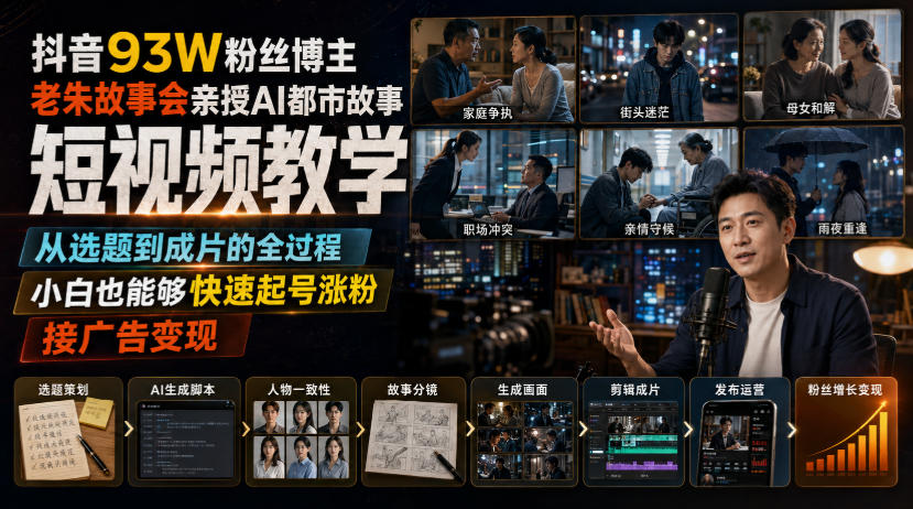 抖音93W粉丝博主老朱故事会亲授AI都市故事短视频教学，从选题到成片的全过程，小白也能够快速起号涨粉接广告变现-巅峰研习社