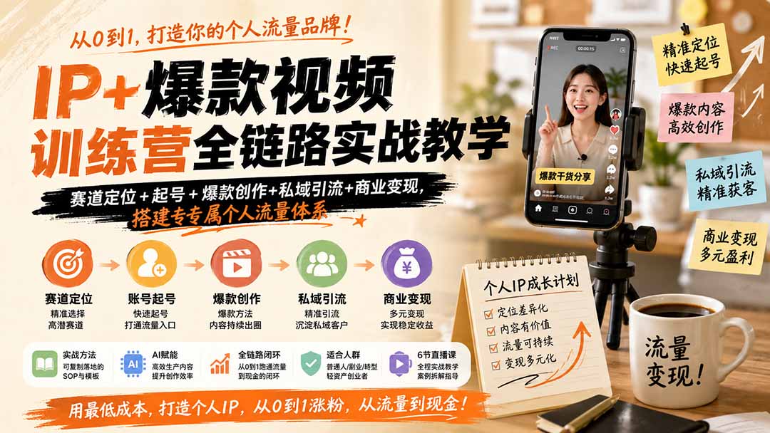 IP+爆款视频训练营全链路实战教学;赛道定位+起号+爆款创作+私域引流+商业变现,搭建专属个人流量体系-巅峰研习社