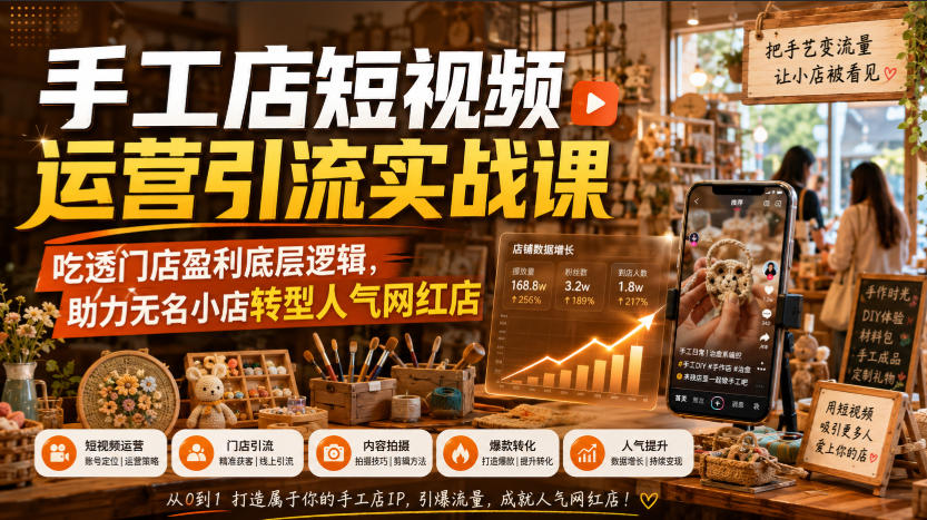 手工店短视频运营引流实战课,吃透门店盈利底层逻辑,助力无名小店转型人气网红店-巅峰研习社