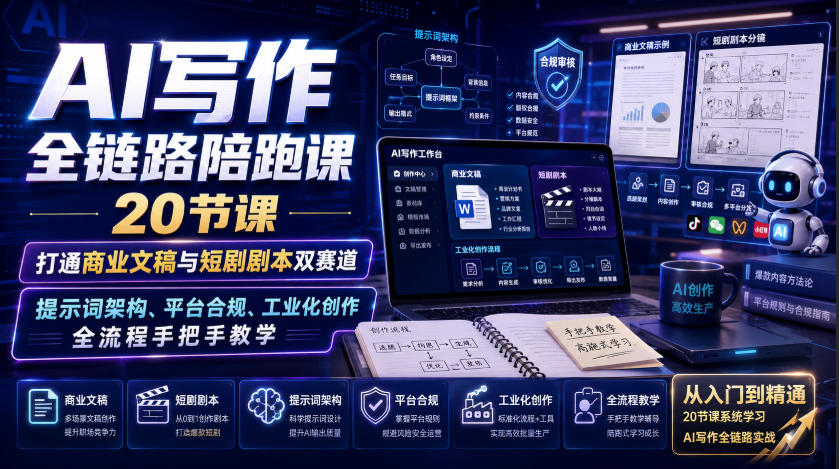 AI写作全链路陪跑课|20节课打通商业文稿与短剧剧本双赛道,提示词架构、平台合规、工业化创作全流程手把手教学-巅峰研习社