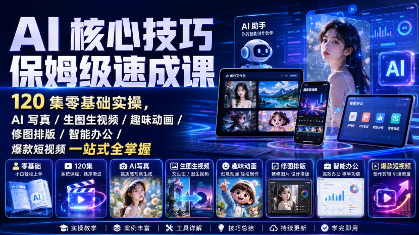 AI核心技巧保姆级速成课|120集零基础实操,AI写真/生图生视频/趣味动画/修图排版/智能办公/爆款短视频一站式全掌握-巅峰研习社