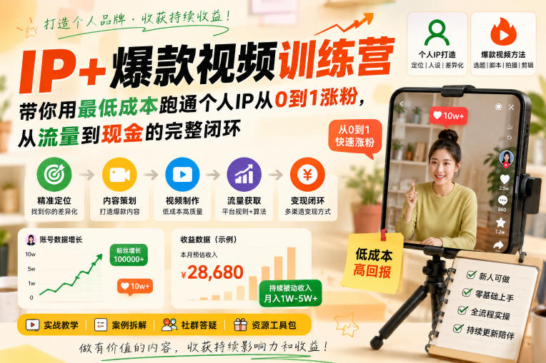IP+爆款视频训练营，带你用最低成本跑通个人IP从0到1涨粉，从流量到现金的完整闭环-巅峰研习社