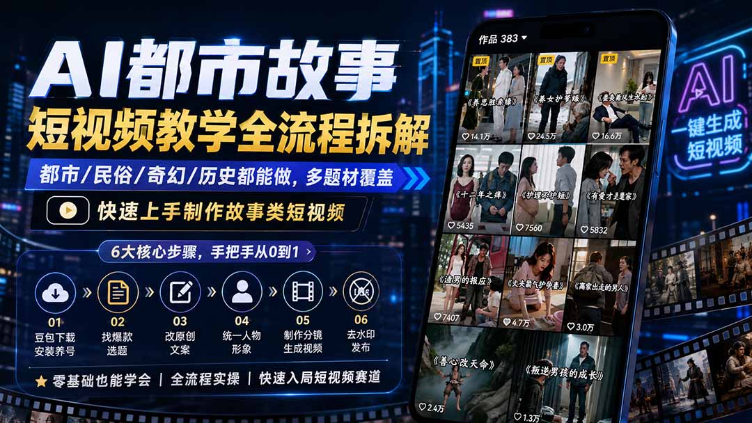 AI都市故事短视频教学全流程拆解；都市/民俗/奇幻/历史都能做多题材覆盖，快速上手制作故事类短视频-巅峰研习社