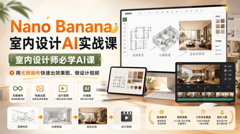 Nano Banana室内设计AI实战课,室内设计师必学AI课,用无限画布快速出效果图、做设计视频-巅峰研习社