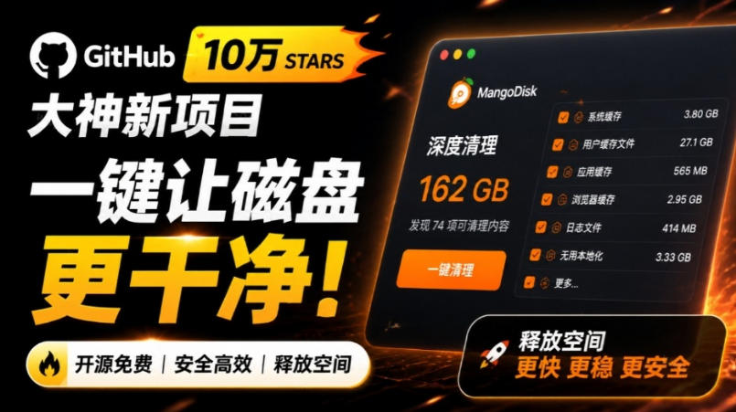 在Gtihub上做出10万stars的大神，又发布新项目了！一键让磁盘更干净，开源免费清理工具MangoDisk-巅峰研习社